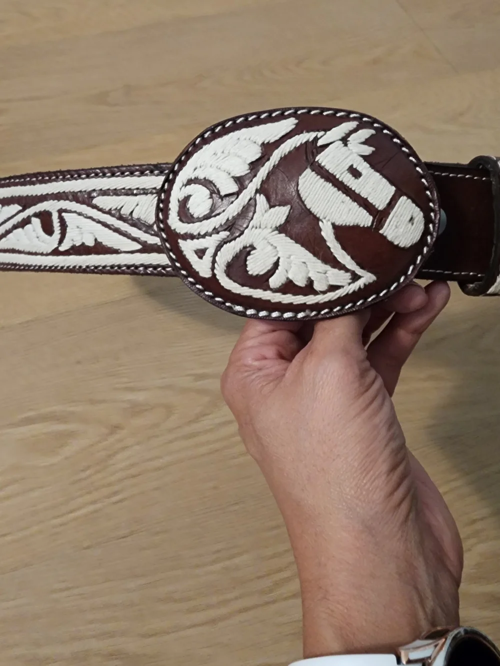 Men's Brown Leather Belt with White Embroidered Design
